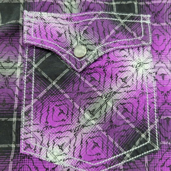 Rock47 Shirt Women's XL Purple Plaid Pearl Snap Wrangler Button Down LS Repaired - Picture 12 of 13